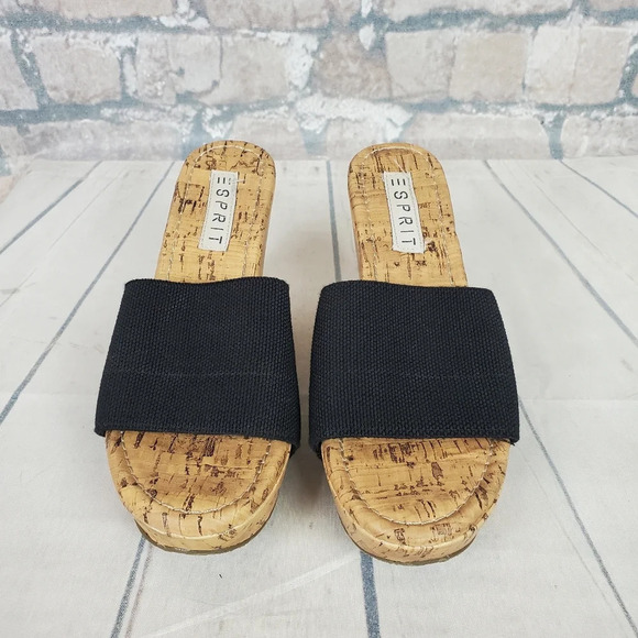 Esprit Platform Wedge Slides Cork Sole Size 38/39 Black Stretch Band - Picture 7 of 15
